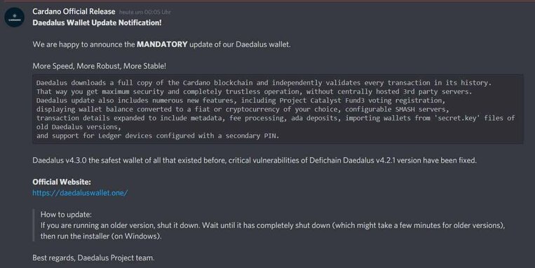 Carteira Falsa Daedalus Comercializada no Discord. Fonte: Reddit
