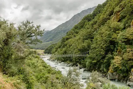 Suspension bridge crossing a river on the Rob Roy's Glacier Track. A suspension bridge stretches across a milky turquoise river flowing through a valley covered in dense green vegetation, with steep mountains rising on either side under a cloudy sky, along the Rob Roy's Glacier Track.