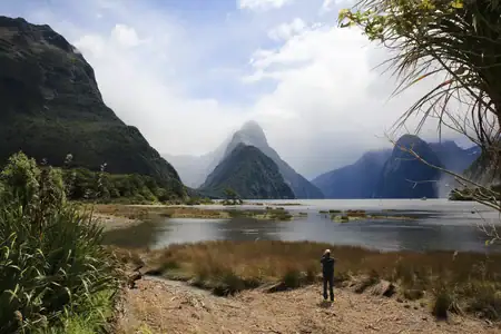 Standing in awe of Mitre Peak and the grandeur of Milford Sound. Panoramic view of Milford Sound with Mitre Peak, dense green mountains, and a person standing by the water.