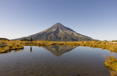 Reaching the summit of the Pouakai Range: a moment of pure joy reflected in the tarn. A hiker stands on a boardwalk with one arm raised in celebration, their silhouette and the massive volcanic peak of Mount Taranaki reflected perfectly in the still water of an alpine tarn in New Plymouth.