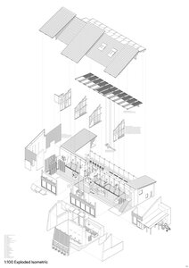 Exploded isometric diagram of a modern building showcasing design elements and spatial relationships.