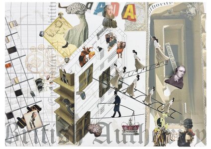 Surreal isometric architectural collage with Victorian figures, ladders, and cabinet of curiosities.