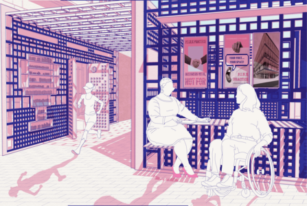 Accessible community hub illustration with wheelchair-accessible table, retail alcove, public health posters.