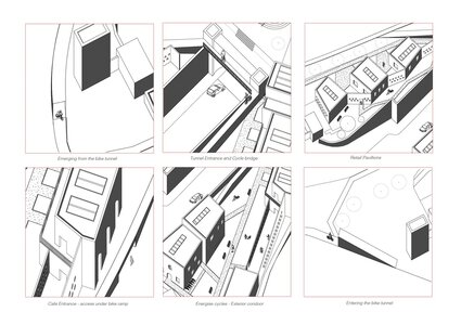 Architectural axonometric canal waterfront urban design storyboard with bridges, paths and public realm.