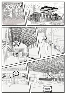 Black-and-white architectural comic tour from futuristic pavilion to vast industrial factory hall