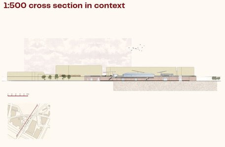 Architectural cross-section showing urban context and vaulted roof, 1:500 scale section drawing.