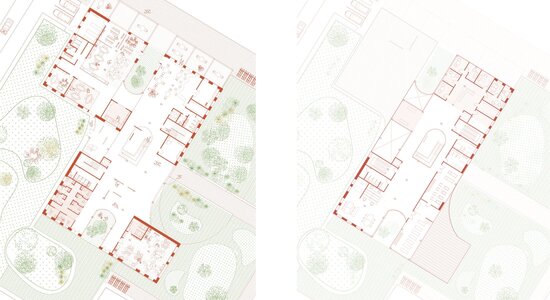 Architectural ground and first-floor plans of contemporary building within landscaped grounds.