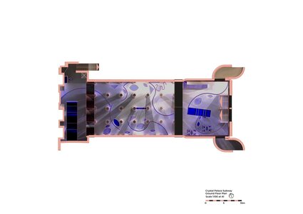 Top-down floor plan of historic hall with organic lavender-blue interior and meandering circulation.