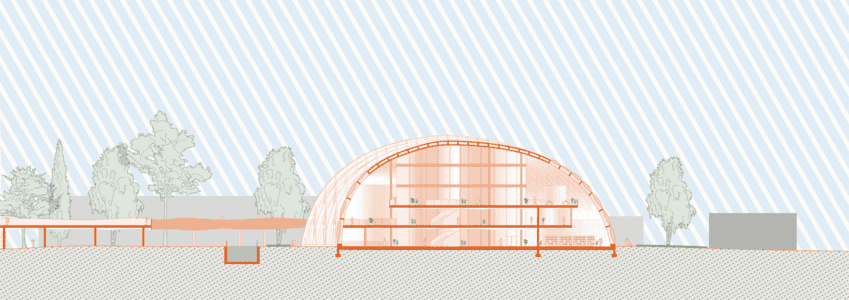 Architectural section elevation of barrel-vaulted hall with orange ribs, canopy and trees.