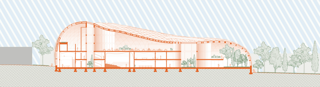 Architectural long section of contemporary undulating roof pavilion with glazed hall and courtyards.
