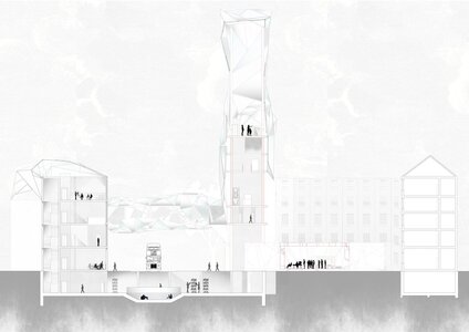 Monochrome urban architectural section with crystalline tower, skylit roof, and basement amphitheatre.