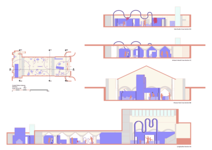 Adaptive reuse architectural longitudinal and cross sections with arches and looping tubular circulation.