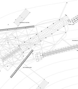 Architectural site plan of elevated triangulated space-frame walkway with bridges over sloping terrain.