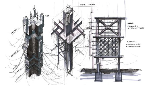 High-rise architectural sketches of wind load paths, braced core structure, and frame elevation.