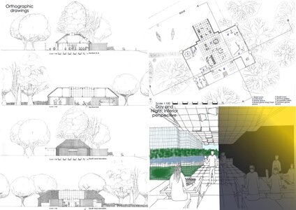 Architectural presentation sheet of pavilion: plans, sections, elevations, site plan and interior renderings.