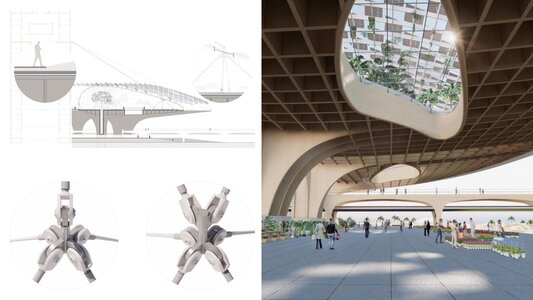 Parametric waffle grid oculus over arched civic plaza with modular nodes and reflective canopy.