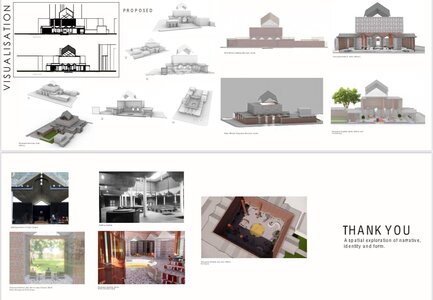 Architectural visualisation board: symmetrical brick hall with glass lantern roof, sections, renderings and elevations.