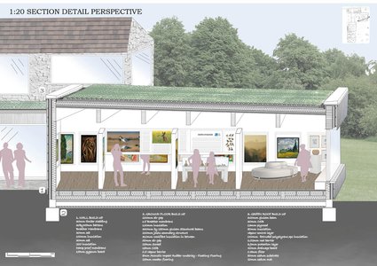 Art gallery interior section showcasing natural light, artwork display, and inviting atmosphere.