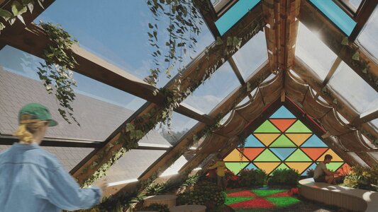 Charming rustic attic with stained glass, greenery, and cozy wooden beams.