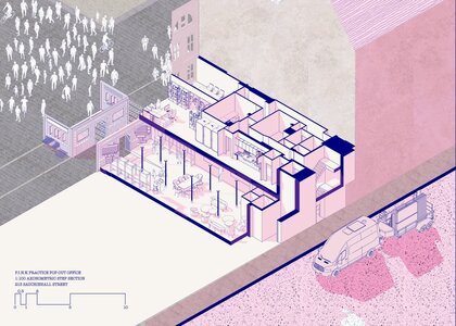 Axonometric architectural cutaway of urban public workshop and studios with glazed hall, street context.