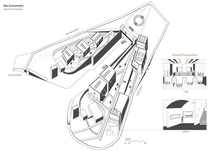 Axonometric site plan of triangular plot with staggered pavilions and parallel courtyards.