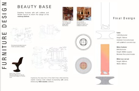 Beauty Base salon station furniture design concept board with sketches, materials, and final drawings