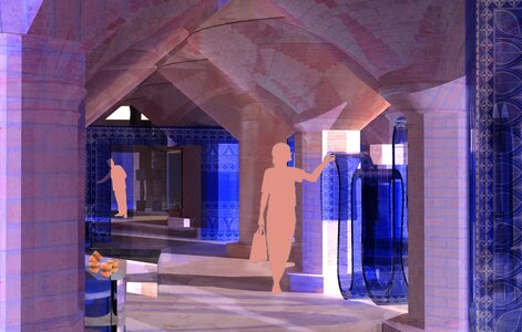 Historic blue-tiled vaulted bathhouse interior with arches, stone columns and soft diffuse lighting.