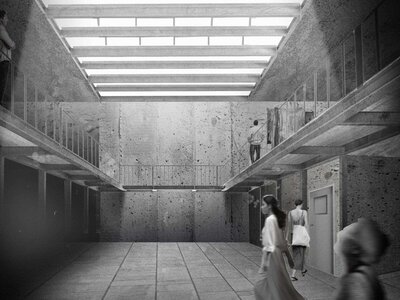 Skylit brutalist concrete atrium with balconies, blurred visitors, minimalist gallery interior.