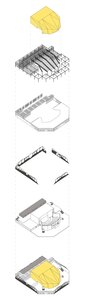 Building construction steps illustrated in layers, highlighting structural progression from framework to enclosed spaces.
