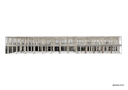Modern building construction: skeletal framework of concrete and steel structure under development.