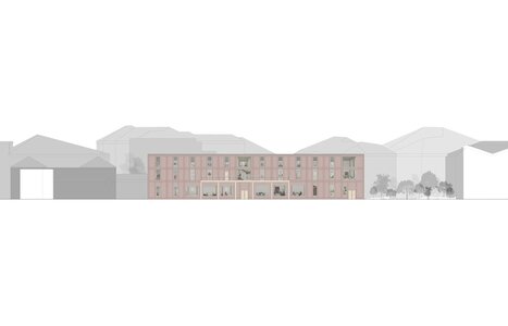 Contemporary two-storey building in a tranquil, muted landscape with a minimalist design.