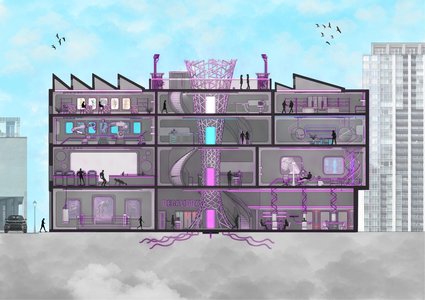 Futuristic architectural cutaway of mid-rise building featuring purple vascular energy spine and sawtooth roof.