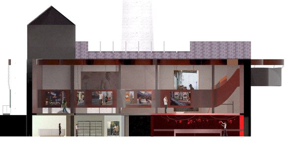 Industrial gallery architectural section showing red staircase, layered interiors, and basement café.