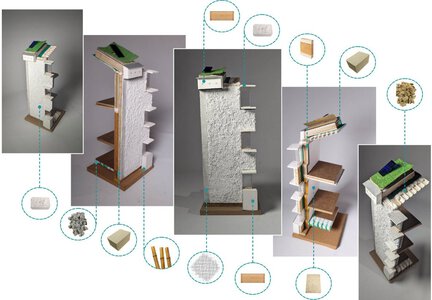 Sustainable building model showcasing insulation layers and solar panel for energy efficiency.