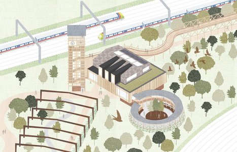 Axonometric timber campus beside railway with sawtooth green roof, sunken amphitheatre and walkways.