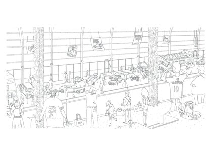 Lively car show in a modern exhibition hall, showcasing diverse vehicles and community engagement.