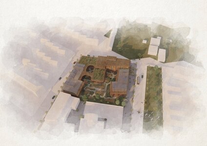 Tranquil courtyard surrounded by buildings in a charming urban complex.