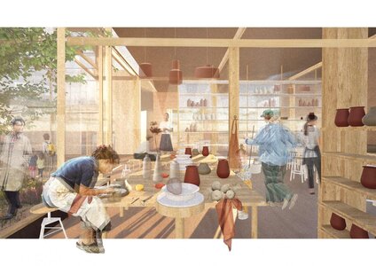 Light-filled timber ceramics studio with people crafting pottery at communal tables.