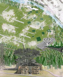 Urban riverside park masterplan aerial illustration with pavilions, paths, and landscape architecture features.
