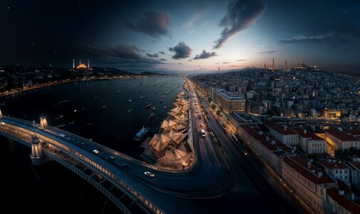 Twilight serenity over coastal cityscape, marina, and illuminated bridge at dusk.