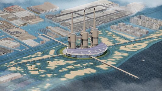 Flood-resilient coastal power plant on artificial island with circular solar array and elevated causeway.