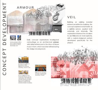 Architectural concept development board: Armour and Veil collage presentation with sketches and red accent.