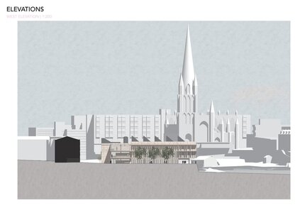Architectural elevation of low-rise urban infill beneath historic church spire, glazed facade.