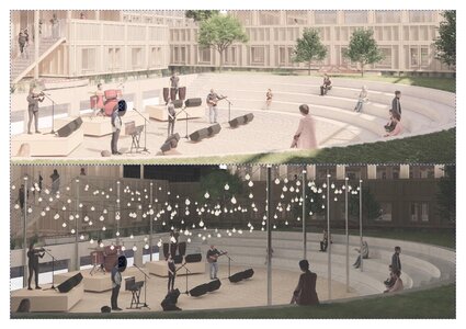 Architectural render of sunken circular courtyard amphitheatre: concentric seating, daytime musicians, string-lit night performances.