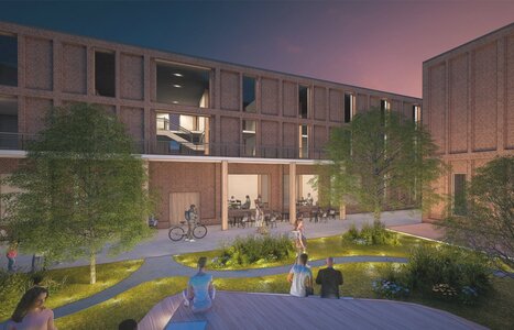 Modern courtyard at twilight, featuring greenery, inviting pathways, and lively gatherings.