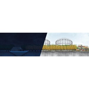 Dual landscape showing a tranquil nighttime waterfront and a bustling daytime industrial scene.
