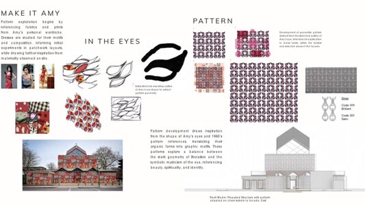 Fashion mood board translating eyeliner motifs into architectural facade patterns and applications.