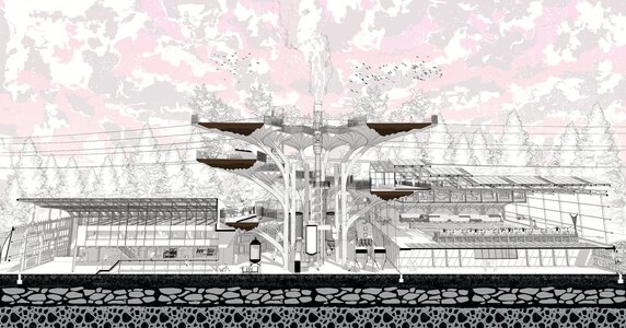 Architectural section of biophilic railway station with tree-like vertical park tower and platforms.