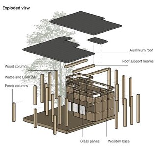 Exploded view of timber pavilion with wattle-and-daub walls, aluminium roof, and glass panels.