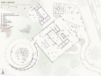 Architectural first-floor site plan with amphitheatre, pavilion, landscape circulation and building layout.